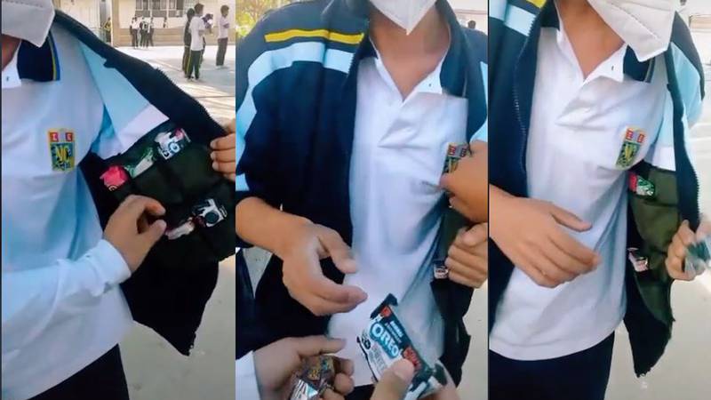 Composición de tres imágenes de capturas del video de Tiktok viral que muestra a un estudiante vendiendo golosinas en su colegio.