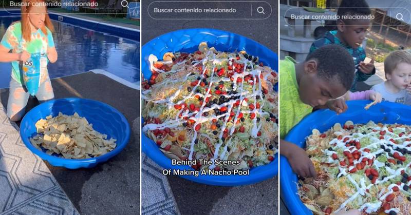 Mamá es criticada por servir la cena a sus 12 hijos en una piscina infantil