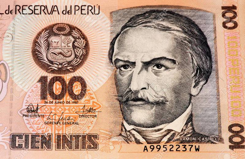 Billete antiguo de Perú de 100 intis