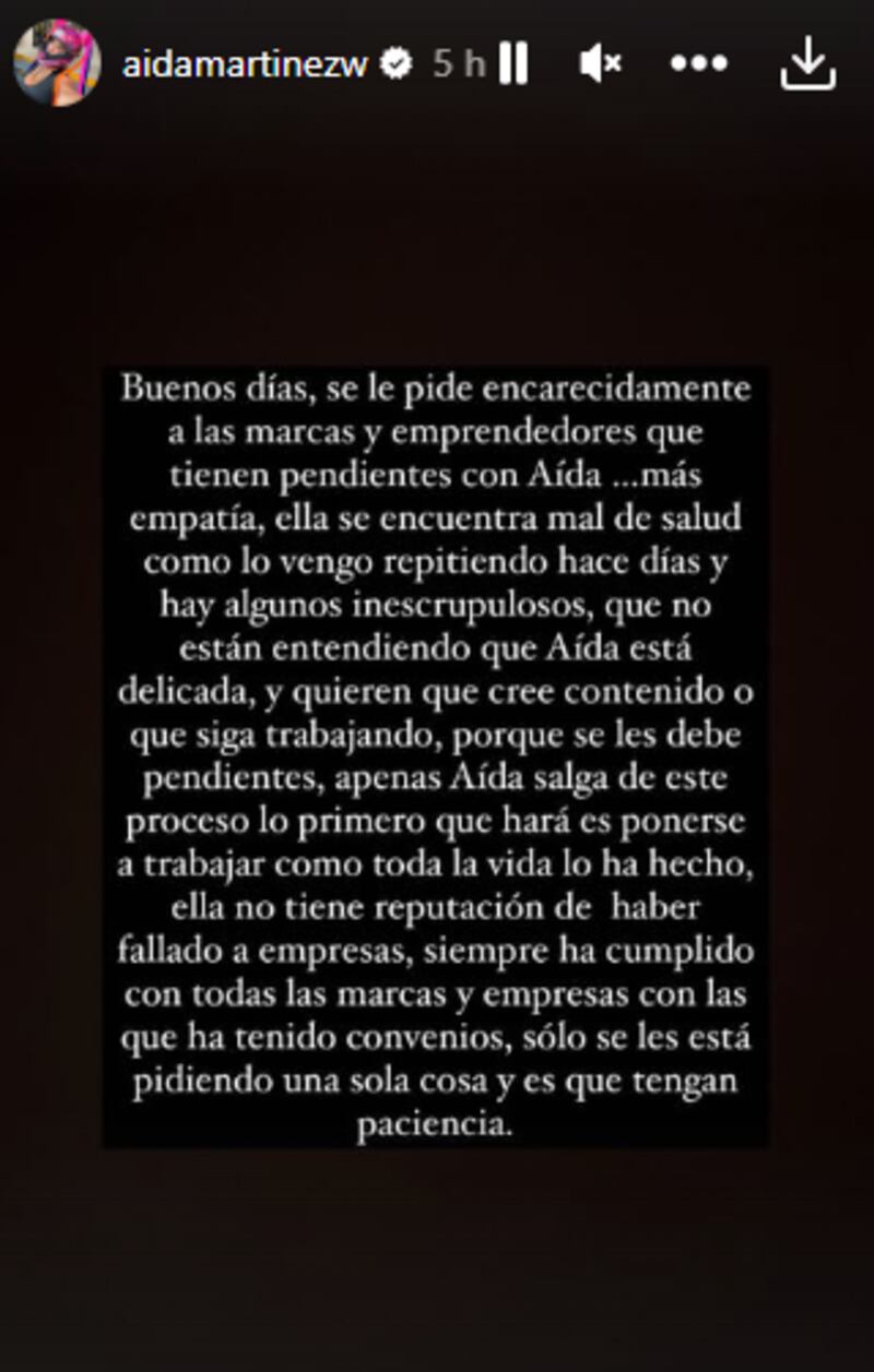 Comunicado del esposo de Aída Martínez.
