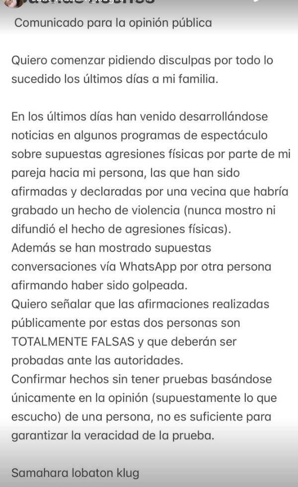 Samahara Lobatón negó agresiones de Bryan Torres.