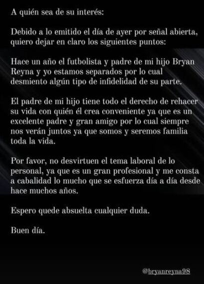 Comunicado de Dayana Toribio sobre su esposo Bryan Reyna