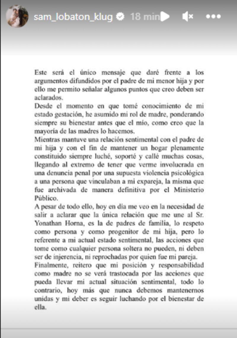 Comunicado de Samahara Lobatón Klug.