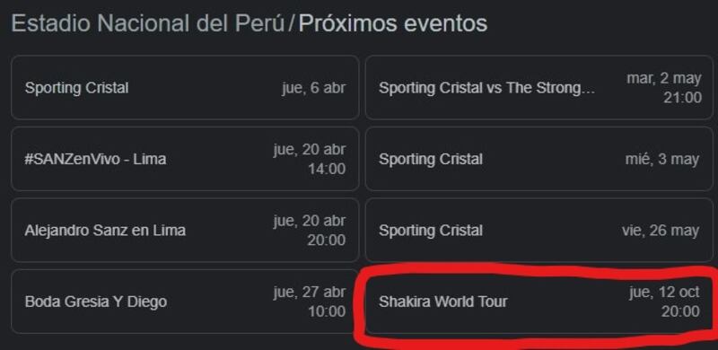 Fechas de los próximos eventos en el Estadio Nacional de Lima