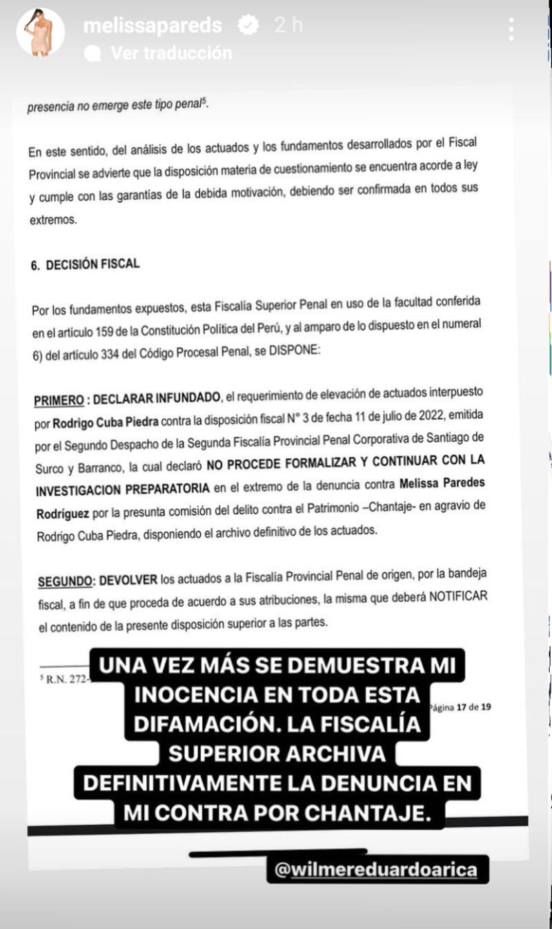 Una historia de Instagram de Melissa Paredes con un documento de su proceso legal.