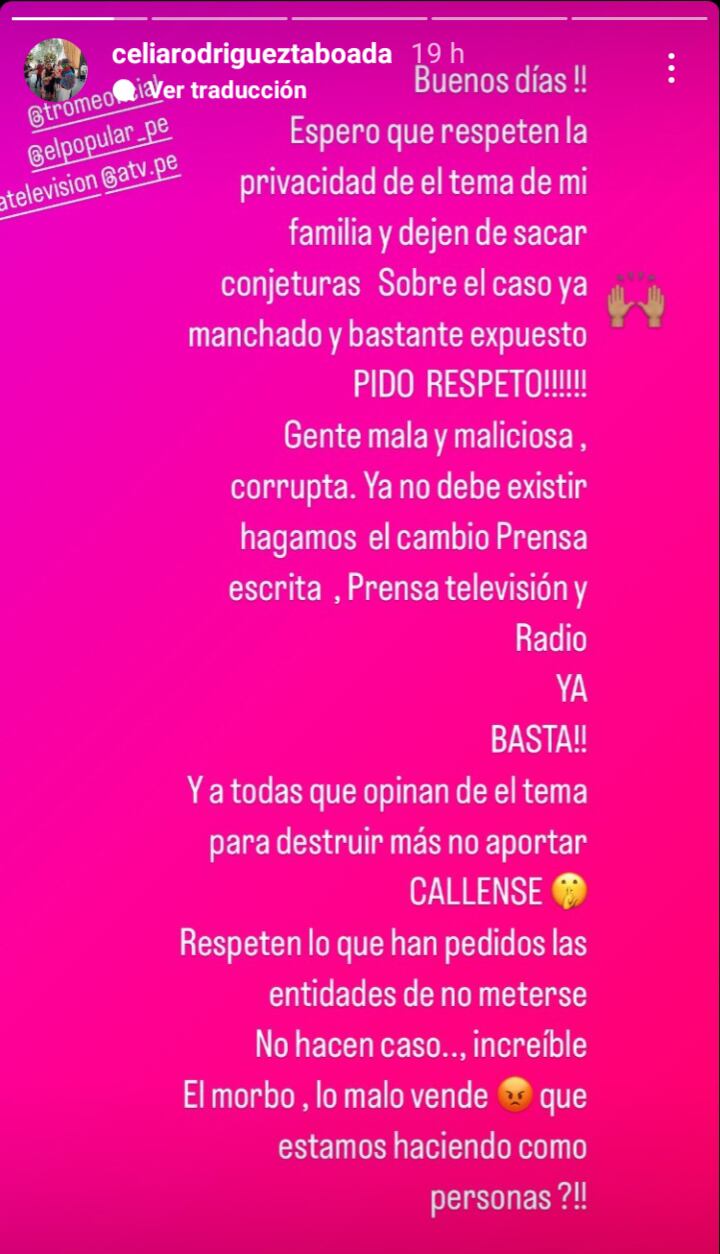 El más reciente comunicado de la madre de Melissa Paredes, Celia Rodríguez, pide respeto para el caso de su nieta.