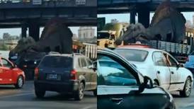 Dinosaurio queda atascado en puente y provoca el caos: video se vuelve viral